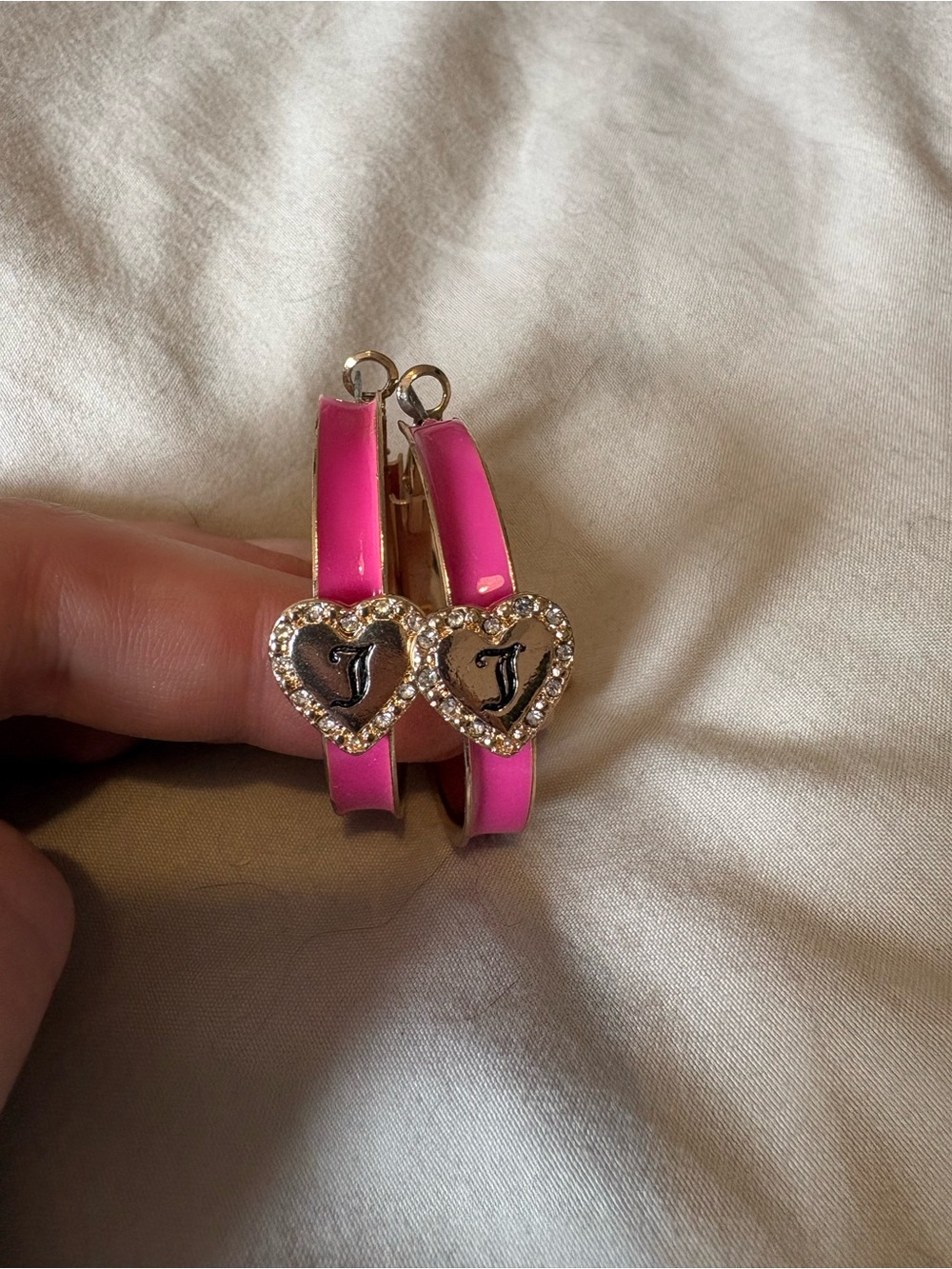 Juicy Couture Pink Heart Hoop Earrings with Crystal Accents